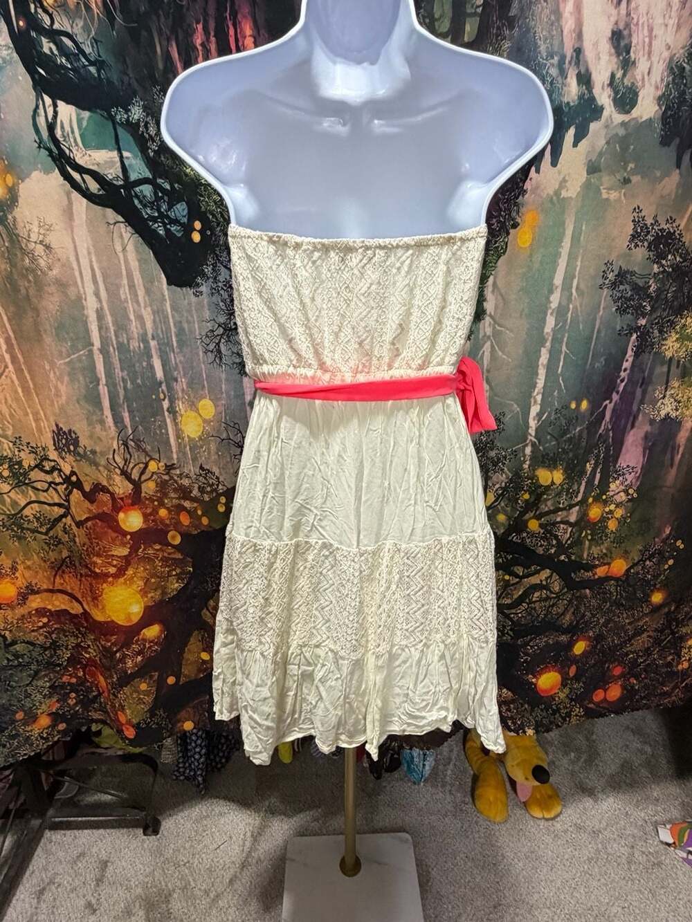 Flying Tomato Strapless Dress Cream Pink Crochet Lace Tiered Size L - Picture 6 of 8